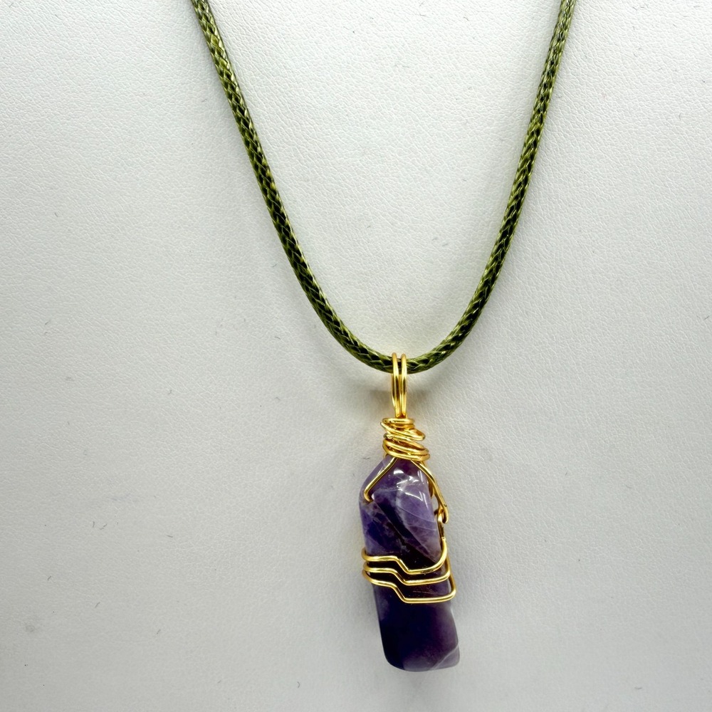 Amethyst Crystal Point Pendant Necklace Wire Wrapped Green Cord Boho Jewelry